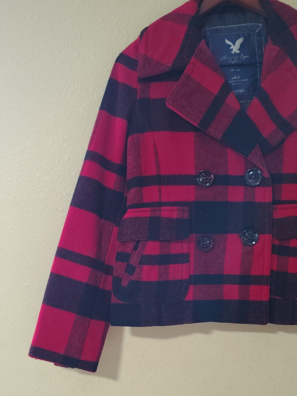 American Eagle Wool Blend Double Breasted Buffalo Plaid Pea Coat Size M Y2K - Picture 5 of 16